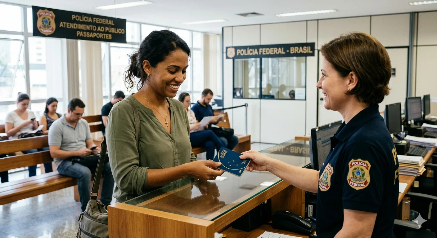 Pessoa segurando passaporte brasileiro, representando a emissão do documento